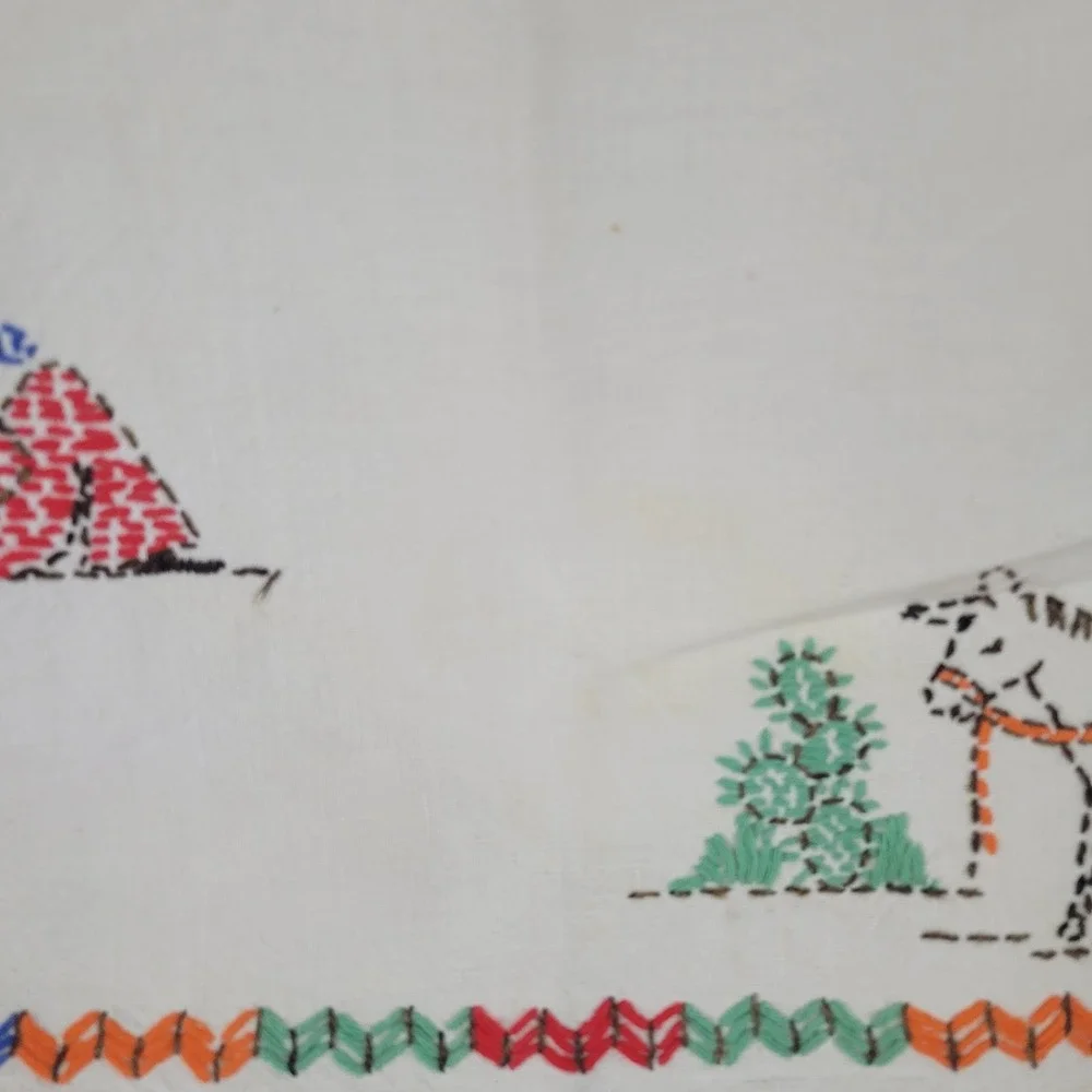 Vintage Mexican Hand Embroidered Table Linen Set 5pc Siesta‎ Donkey Folk Art